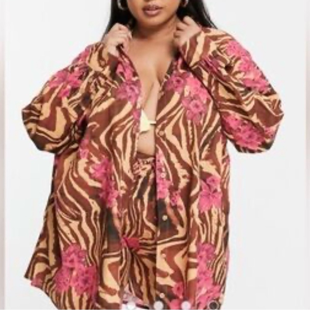 ASOS DESIGN Tropical Zebra & Floral Print Button Down Shirt Blouse 0185